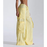 MQTIME  -  Women's Y2K Cargo Long Pants Solid Color Drawstring Elastic Low Waist Wide Leg Trousers with Multi Pockets Streetwear