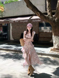 MQTIME  -  French Pink Butterfly Print Chiffon Ruffle Spaghetti Straps Asymmetrical Hem Summer Dress Women Beach Vacation Party Daily Wear