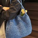  MQTIME  -  Women Straw Bag Tote Handbag Large Capacity Vintage Shoulder Bag Solid Color Simple Weaving Handbag Ladies Summer Daily Bag