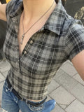 MQTIME  -  American Vintage Plaid Print Turn Down Collar Short Sleeve Slim Single Breasted Basic Women Shirt