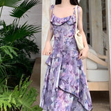 MQTIME  -  Spring New Women French Sleeveless Retro Camisole Dress Irregular Mesh Printed Dress Slim Ruffles Long Fairy Dress
