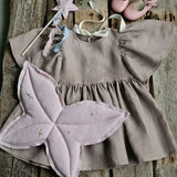  MQTIME  -  Summer Retro Linen Loose Flared Sleeve Dress Girls New Solid Color Cotton And Linen Casual Back Bow Tie Princess Dresses