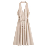 MQTIME  -  Halter Dress With Belt for Women Backless V Neck Women's Midi Dress With Adjustable Tie Belt Female Party Dresses