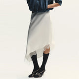 MQTIME  -  Women Lace Trim Satin High Low Skirt Asymmetrical Hem Flowy Midi Slip Skirt Y2k A Line Silky Underskirt