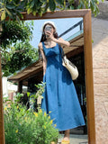 MQTIME  -  Elegant Women Denim Dress Solid Simple Square Colalr Sleeveless A-Line Blue Vestidos Female Summer Versatile Jeans Maxi Dresses