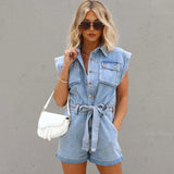 Mqtime  Casual Polo Collar Button-Up With Pockets Summer Jean Romper Women Flying Sleeve Belt Denim Playsuit