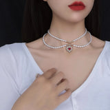 Mqtime Kpop Vintage Baroque Red Crystal Heart Pendant Pearl Chain Necklace For Women Jewelry Wedding Christmas Gift Y2K Accessories