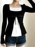  MQTIME  -  French Sweet Patchwork Contrast Color Fake Two Piece Slim Square Collar Long Sleeve Slim T-Shirts