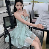 MQTIME  -   Summer French Style Bow Tie Green Dress Sexy Strapless Pleated Waist Slim A-line Cake Dress Princess Glossy Ruched Mini Dresses