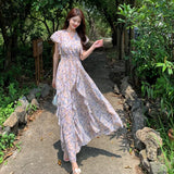 MQTIME  - Summer French Style Sweet Tight Waist Chiffon Long Dress Holiday Style First Love Fairy Ruffled Printed Dress