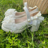 MQTIME  -  Comfortable Round Toe Block Heels Chunky Pumps Women's Lolita Bow Pearl Chain Embellished Low Heel Wedding Party Dress Shoes