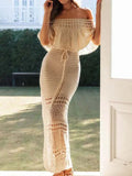 MQTIME  -  Elegant Hollow Out Dress Women's Summer Dress Short Sleeve Off Shoulder Knit Pattern  Tie Up Summer Dress
