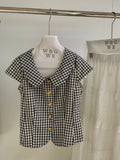 MQTIME  -  Summer French Vintage Plaid Print Peter Pan Collar Short Sleeve Single Breasted Women Shirt
