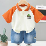 MQTIME  -  Summer Kids Boy Clothes Korean Fashion Cute Cotton Short Sleeve Tops+Denim Shorts Baby Boutique Clothing Children's Sets BC2127
