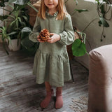  MQTIME  -  Vintage Mori Ruffled Collar Linen Dress Girls Spring And Summer Casual Solid Lantern Sleeve Long Sleeved Dresses Girl Dress