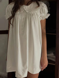  MQTIME  -  Sweet Summer Temperament Loose All Match Solid Peter Pan Collar Puff Sleeve Ruffles Dresses