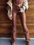  MQTIME  -  Women PU Leather Long Pants Solid Color High Waist Bell Bottom Trousers for Party Fashion Streetwear