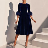  MQTIME  -  Spring Autumn 3/4 Sleeve Elegant Velvet Midi Dress Women's Clothing Casual Party Work Evening Sheath Office Lady Dresses