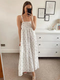 Mqtime Summer Dress Women Tiered Hem Embroidery Casual Midi Dress Straight Neckline Sleeveless Spaghetti Strap Cotton White Dress