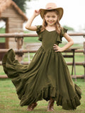 MQTIME  -  New Christmas Style Solid Color Ruffle Edge Irregular Skirt Lace Fly Sleeves Fashionable V-Neck Dress for Teenage Girls