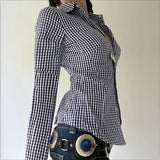 MQTIME  -  Spring New Design Color Contrasting Versatile Fine Grid Cotton Collar Long Sleeve Shirt for Women