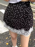 MQTIME  -  Vintage Dot Print Black Skirt Women Lace Patchwork Elastic High Waist Mini Skirts Summer Korean Fashion Cutecore Clothes