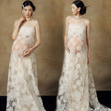  MQTIME  -  Women Maternity Dress White Elegant Persepctive Tank Long Dresses with Floral for Lady Photography Shooting Clothing Clothes