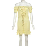 ﻿ MQTIME  -  Lace Up Hollow Bodycon Mini Dress Solid Ruffles Women Sexy Slash Neck Off Shoulder Short Sleeve Holiday Outfits Casual Dresses