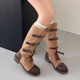 MQTIME  -  Vintage Multi‑Buckle Straps Combat Boots Women Shoes Military Knee‑High Boots Washed Canvas Motorcycle Boots