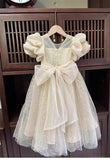 MQTIME  -  Girls Princess Long Dress Fashion Bow Sequin Puff Sleeve Tutu High End Formal Party Gown Ball New Style Children Evening Dress
