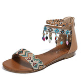 MQTIME  -  Ethnic Style Roman Sandals New Handmade Beaded Zipper Flat Sandals Colorful Beach Open Toe Fancy Beach Shoes
