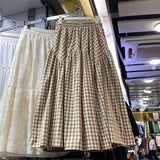 MQTIME  -  Elastic high waisted red and white checkered skirt with irregular splicing, large swing A-line skirt, medium length skirt