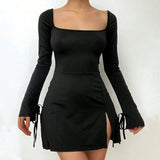 MQTIME  -  Summer Spring Women's Clothing Square Neck Long Sleeve Slim Fit Dress For Knit Polyester A Line High Waist Short Sexy Out