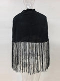 MQTIME  -  Fringe Hem High Mock Neck Women Poncho Loose Batwing Sleeve Relaxed Oversize Sweater Straight Fringe Hem Top City Street Wear