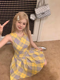 MQTIME  -  Streetwear Yellow Palid A-Line Dress Design Sleeveless Fairy Dress Vintage Classical Plaid Prom Gown Fashion Office Lady