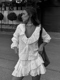 MQTIME  -  Women Fashion White Ruffles Lace Up Mini Skirt Suits Elegant V Neck Long Sleeves Top Short Skirts Set Summer Lady Street Outfits