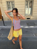  MQTIME  -  Women Blue Red Vertical Stripe Halter Tank Top U Neck Ruched Slim Crop Clothes Lady Summer Beach Vacation Casual Outfit