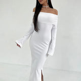 MQTIME  -  2024 Spring Sexy Off Shoulder Long Sleeve Dress Fashion Temperament Party Dresses Elegant Slash Neck High Waist Slim Robe Dress