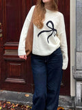 MQTIME  -  Korean Classic Bow Round Neck Pullover Sweater Long Sleeve Loose Slim Women Top Soft Fabric Autumn And Winter Warm Blouse Beige