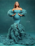 MQTIME  -  Fashion Photo-shoot Maternity Dresses with Sleeves Mermaid Pregnancy Dress Blue Stretchy Long Party Prom Gowns Tierred