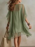  MQTIME  -  Spring Sexy Deep V Neck Loose Mini Dress Women Elegant Solid Ruffle A-Line Party Dress Summer Short Sleeve Mesh Party Dress
