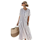 MQTIME  -  Early Autumn Women's New Pocket Striped Print Long Dress for Women's Loose and Fashionable Casual Round Neck Lace-up Dress