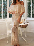 MQTIME  -  Elegant Hollow Out Dress Women's Summer Dress Short Sleeve Off Shoulder Knit Pattern  Tie Up Summer Dress