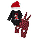 MQTIME  -  Toddler Boy Holiday Outfit Set with Letter Print Romper Plaid Suspender Pants and Matching Hat - 3 Piece Christmas Ensemble