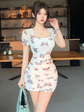 MQTIME  -  Summer Black Mesh Print Short Sleeve Square Collar Mini Dress Women Elegant Casual Kawaii Dress 2024 Korean Vintage Party Dress