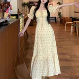 MQTIME  -  Women Dresses Floral Printed Puff Short Sleeve Bandage Summer Fashion Ruffles Square Collar Sweet Elegant Dress Female