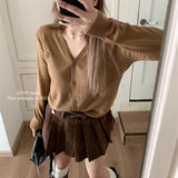 Mqtime  Autumn New V-neck Letter Embroidery Loose Casual Long-sleeved Cardigan Women + Plaid Pleated A- Line Skirt Two-piece Suit