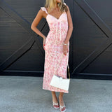 MQTIME  -  Sexy V Neck Lace Edge Hot Girl Dress Summer New Garden Party Fit Long Dress Elegant Lady Floral Print Sleeveless Suspender Dress