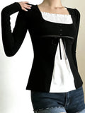  MQTIME  -  French Sweet Patchwork Contrast Color Fake Two Piece Slim Square Collar Long Sleeve Slim T-Shirts