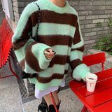 Mqtime Women's Clothing Korean Stripe Knitting Sweater Round Neck  Long Sleeves Vintage Casual Fashion Baggy Ladies Tops Autumn